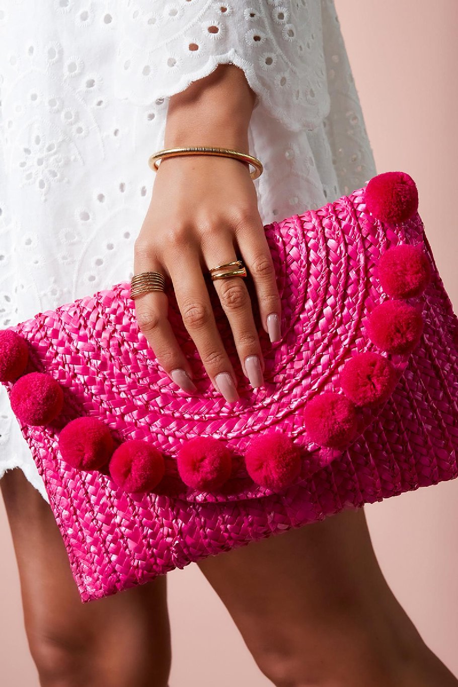 Strandclutch mit Bommeln Rosa Stroh Bild3